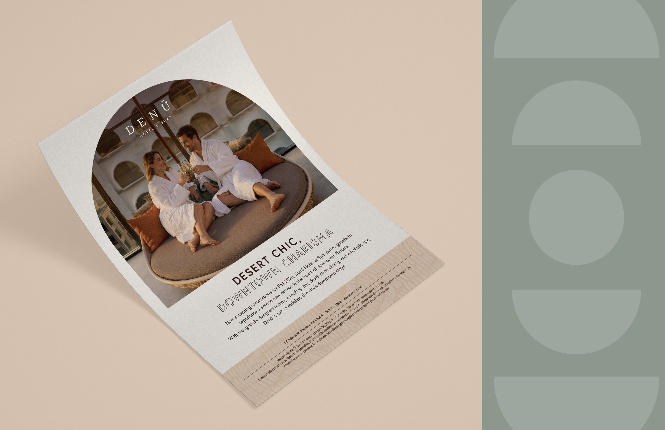 A flyer features two people in robes relaxing on a round sofa, promoting "Desert Chic" at Denu Spa, with event details and a minimalist geometric design on the right side.