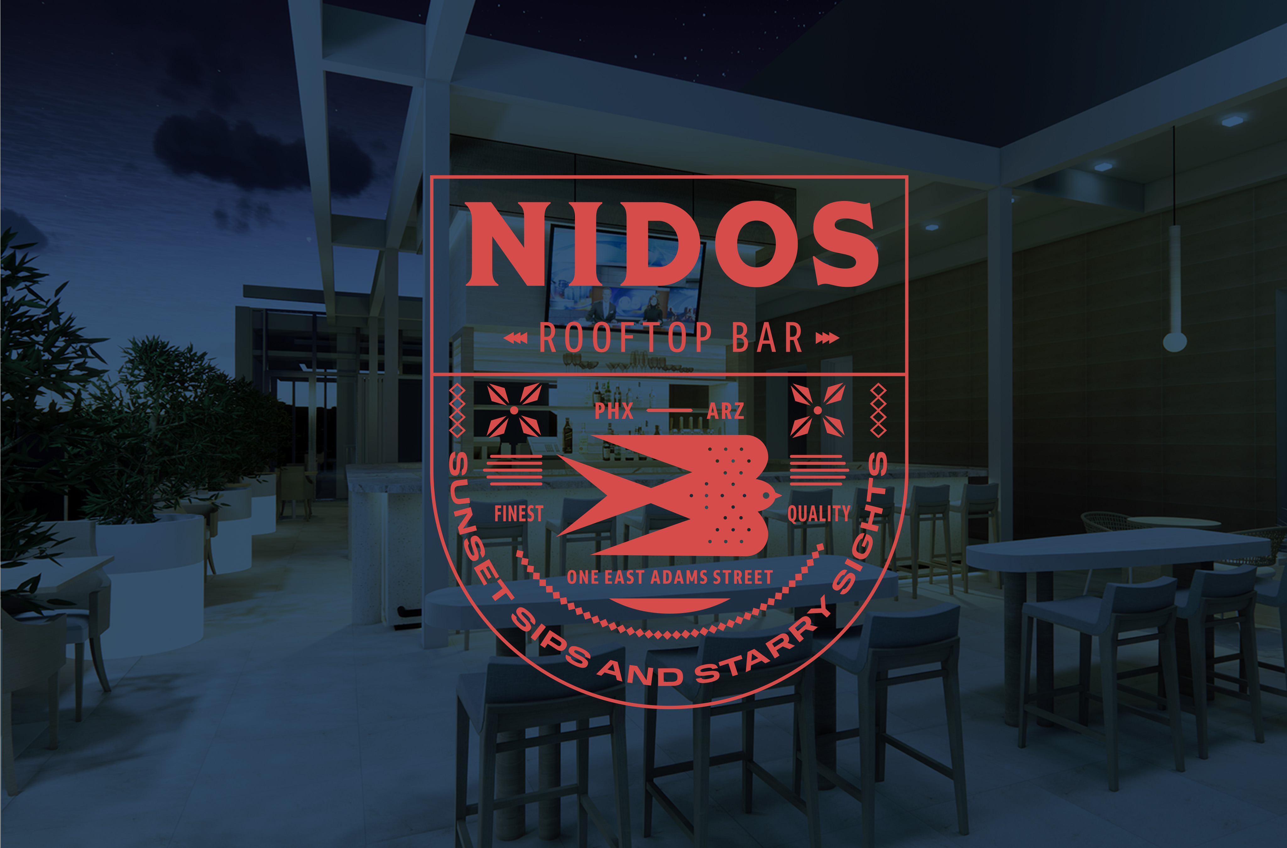 Rooftop bar at night with tables and chairs, featuring the Nidos Rooftop Bar logo and the slogan "Sunset Sips and Starry Sights" overlayed on the image.