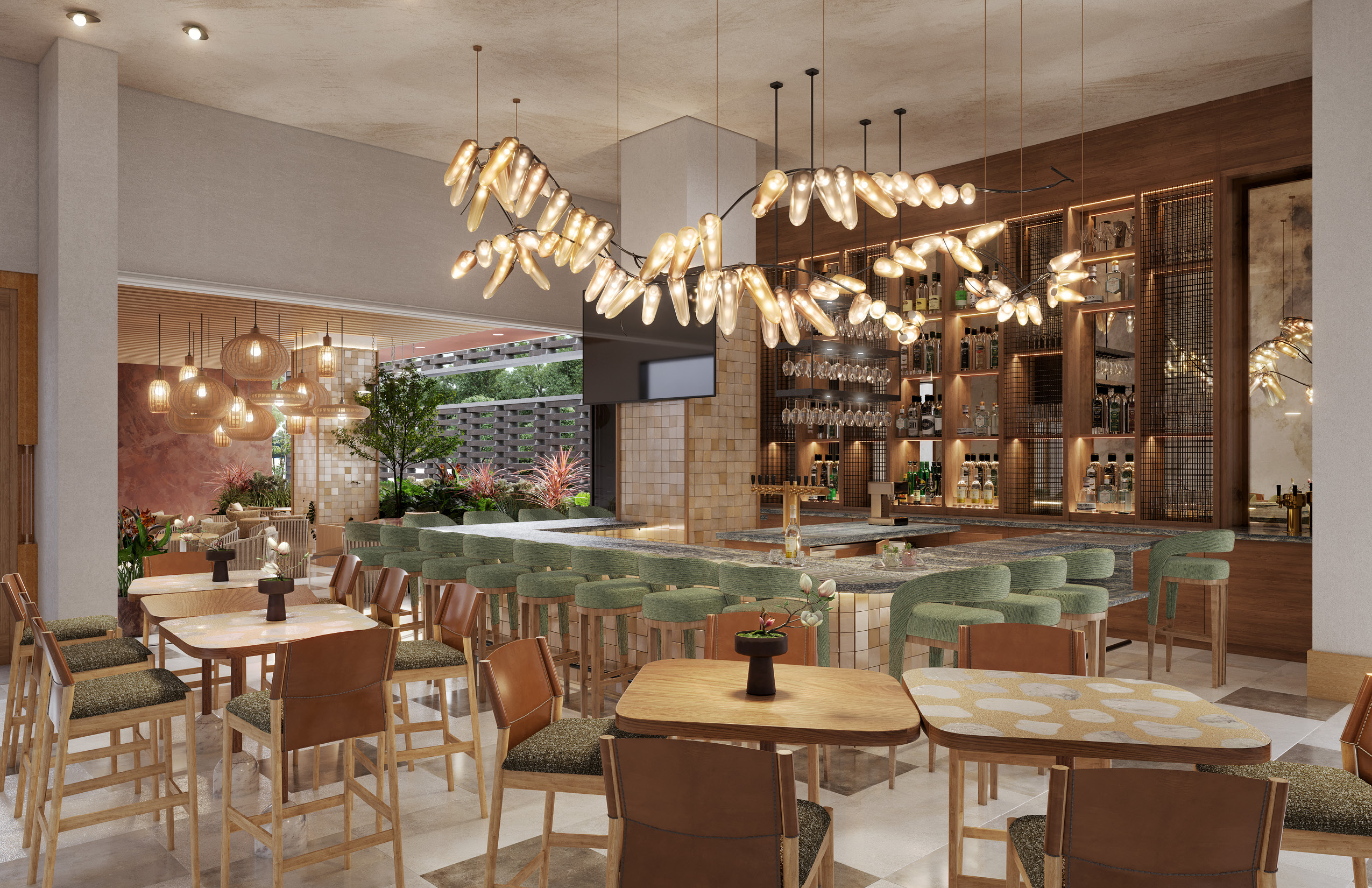 Modern restaurant interior with wooden tables, green upholstered barstools, unique hanging light fixtures, and a well-stocked bar; large windows show an outdoor garden area.
