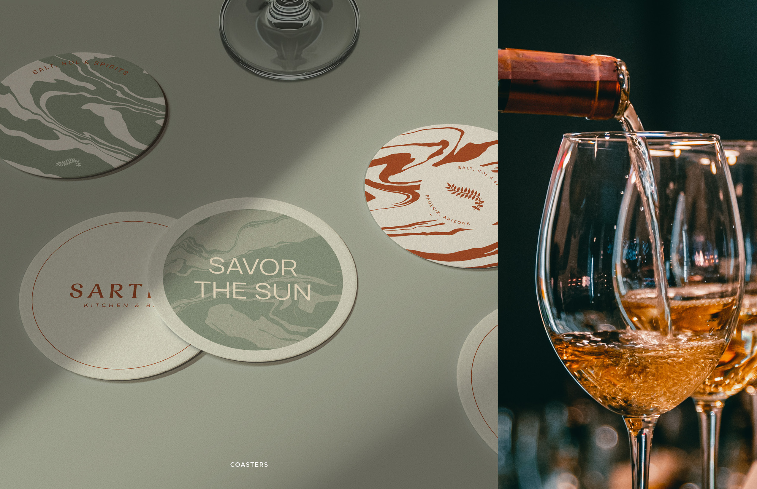 Round coasters with abstract designs and phrases like "SAVOR THE SUN" on a table; on the right, white wine is being poured into glasses.