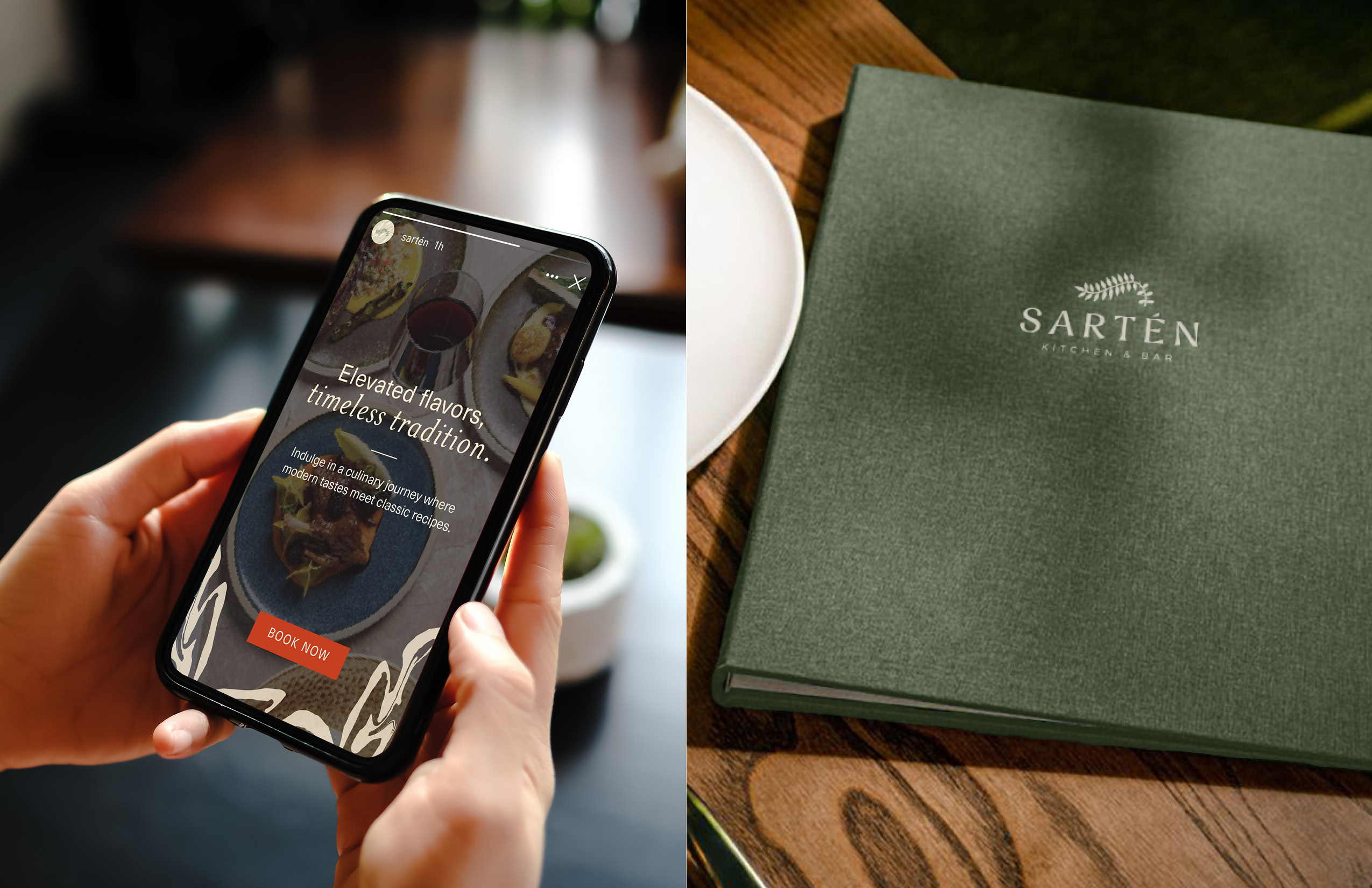 A person holds a smartphone displaying a restaurant booking page; next to it is a green Sarten Kitchen & Bar menu on a wooden table.