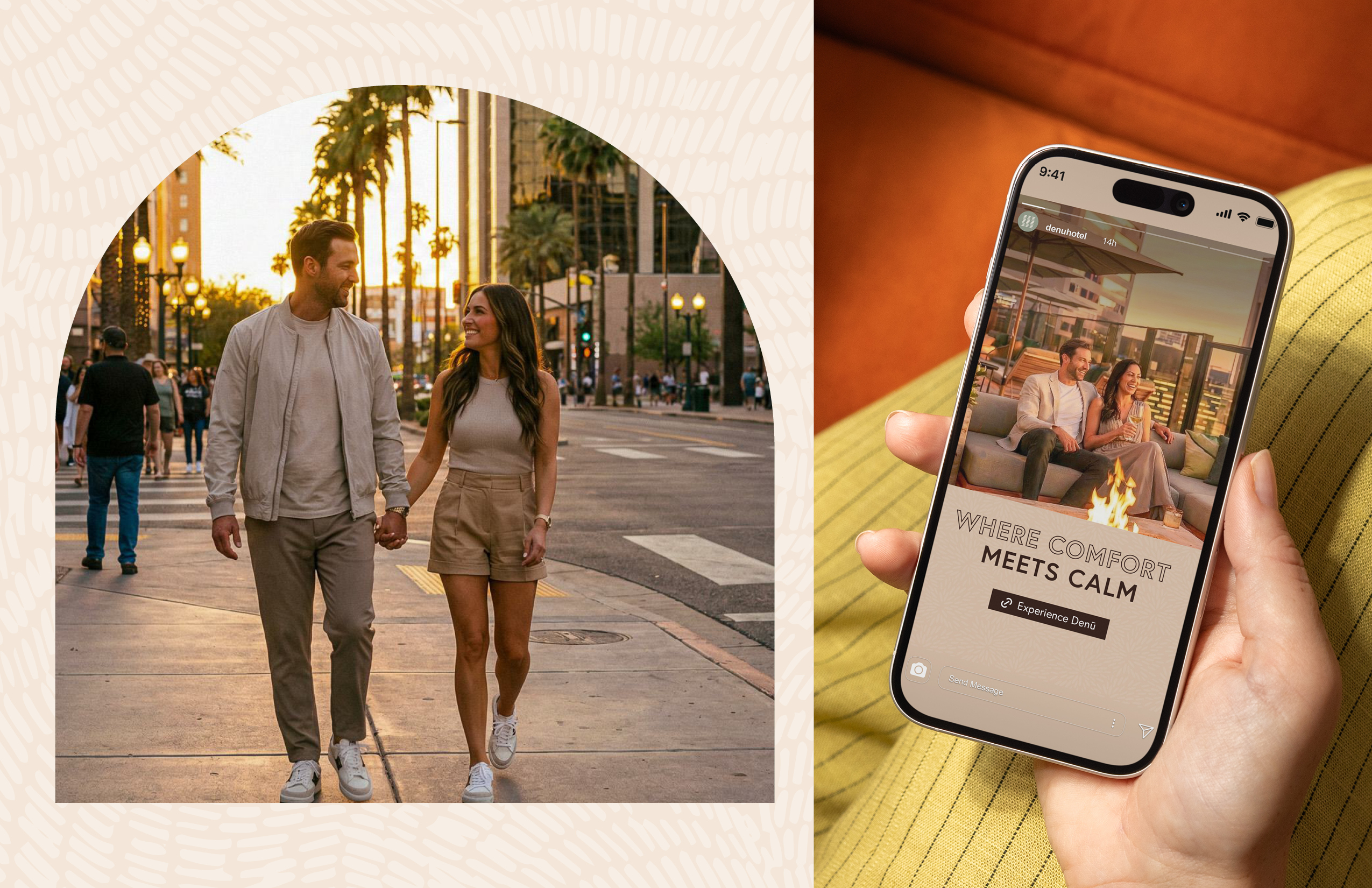 A couple walks hand in hand on a city street at sunset; nearby, a person holds a phone displaying an app with their photo and the text “Where Comfort Meets Calm.”.