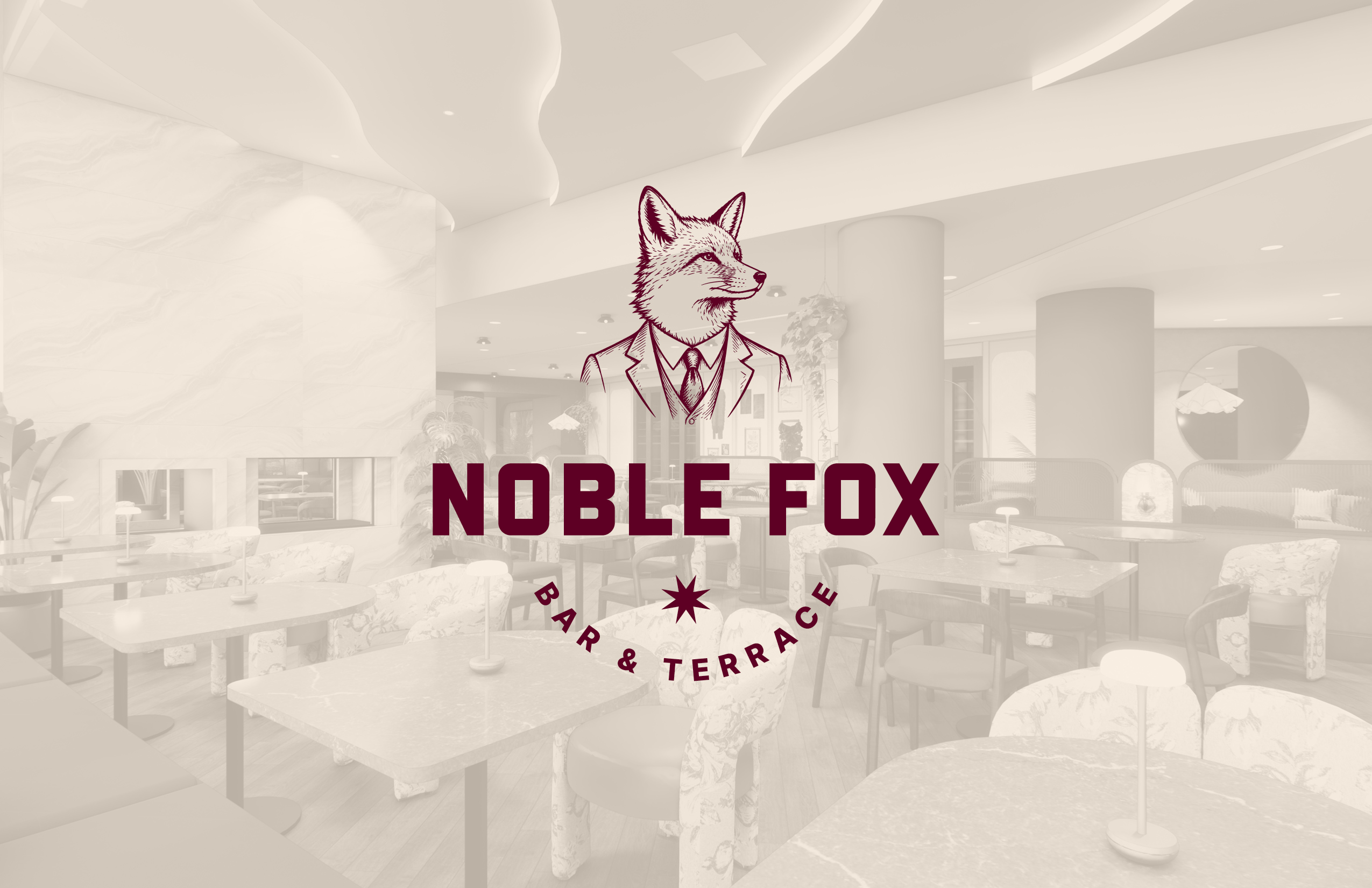 Logo of a fox in a suit above the words "Noble Fox Bar & Terrace" overlaid on a photo of a modern restaurant interior with marble tables and curved seating.