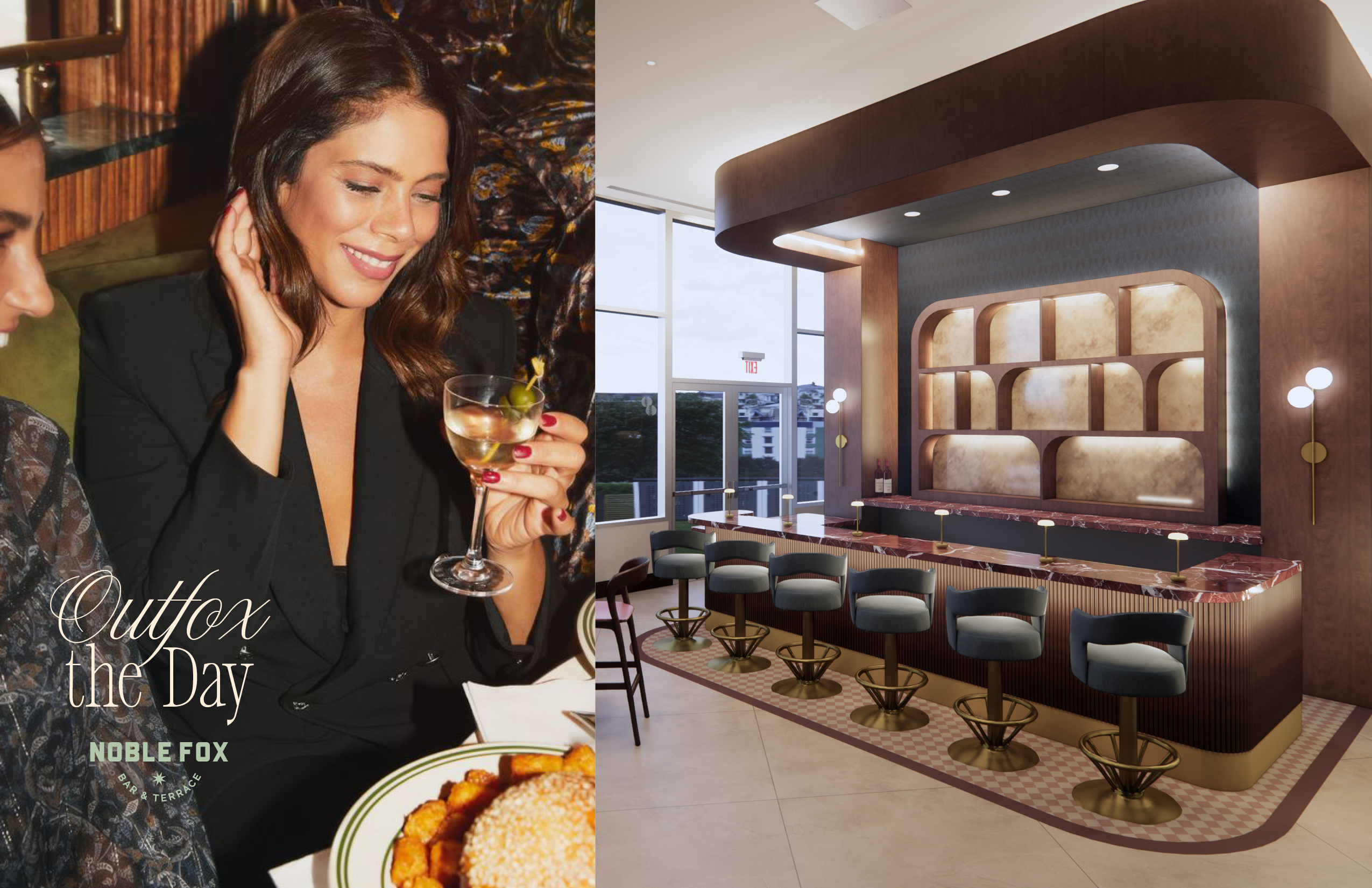 A woman in a black blazer smiles while holding a glass of wine; beside her is a modern, empty bar with blue stools and gold accents.