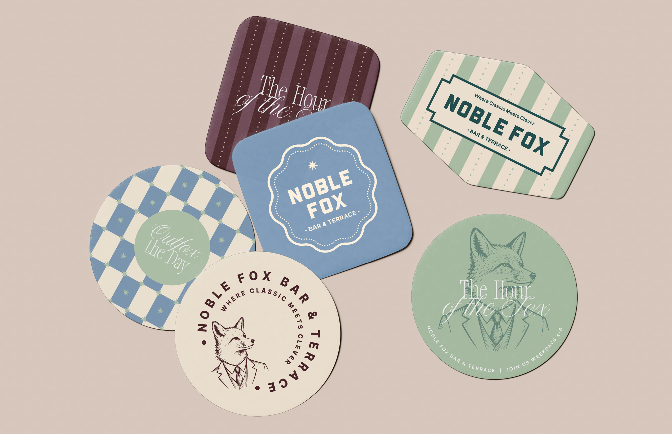 Six coasters with assorted shapes and pastel colors display “Noble Fox Bar & Terrace” branding with various fox illustrations, patterns, and text styles.