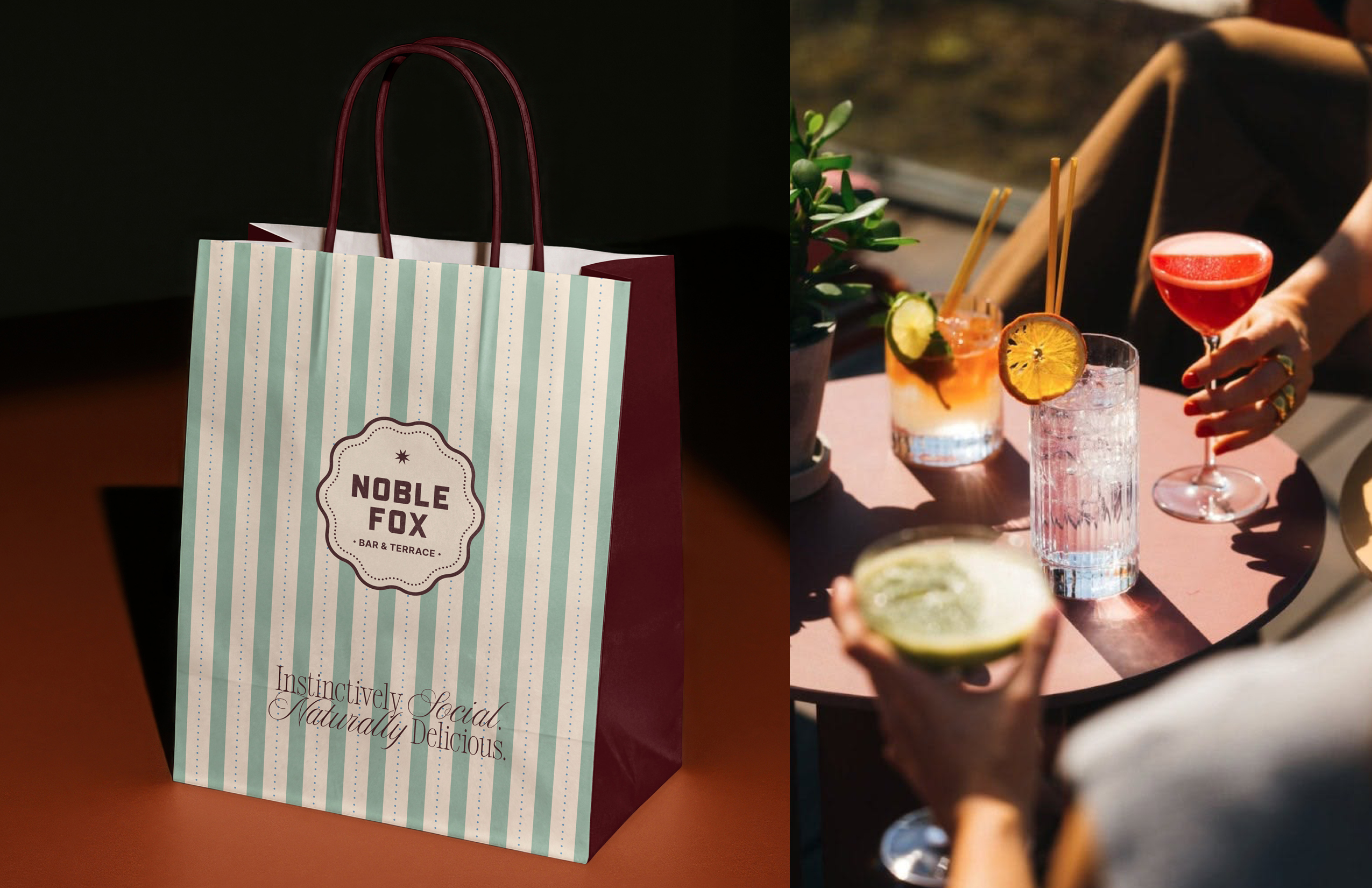 A striped Noble Fox paper bag is on the left, while three people enjoy colorful cocktails at an outdoor table on the right.