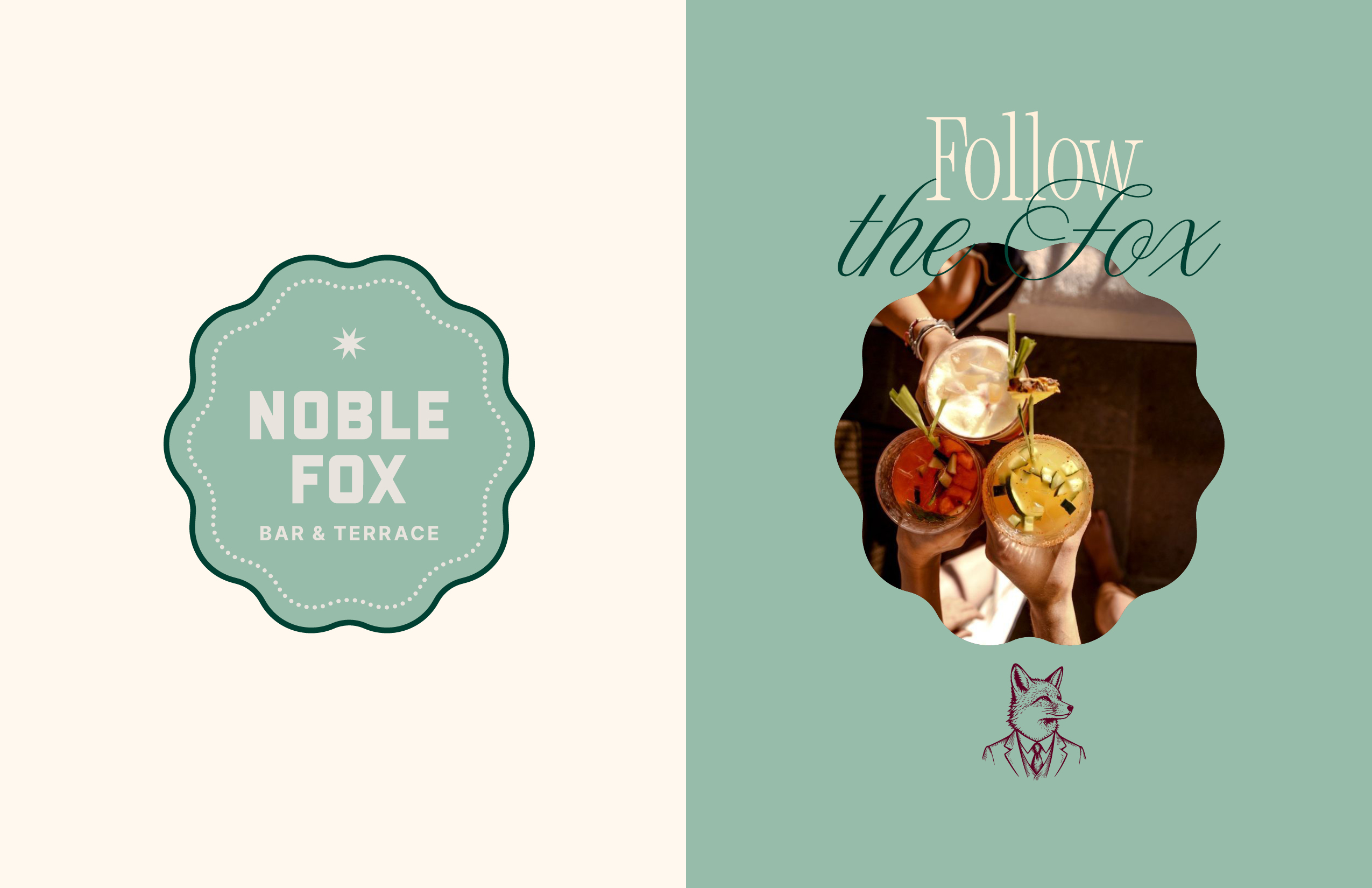 Split image: Left side shows "Noble Fox Bar & Terrace" logo; right side has text "Follow the Fox" above three people toasting cocktails, with a small fox illustration below.