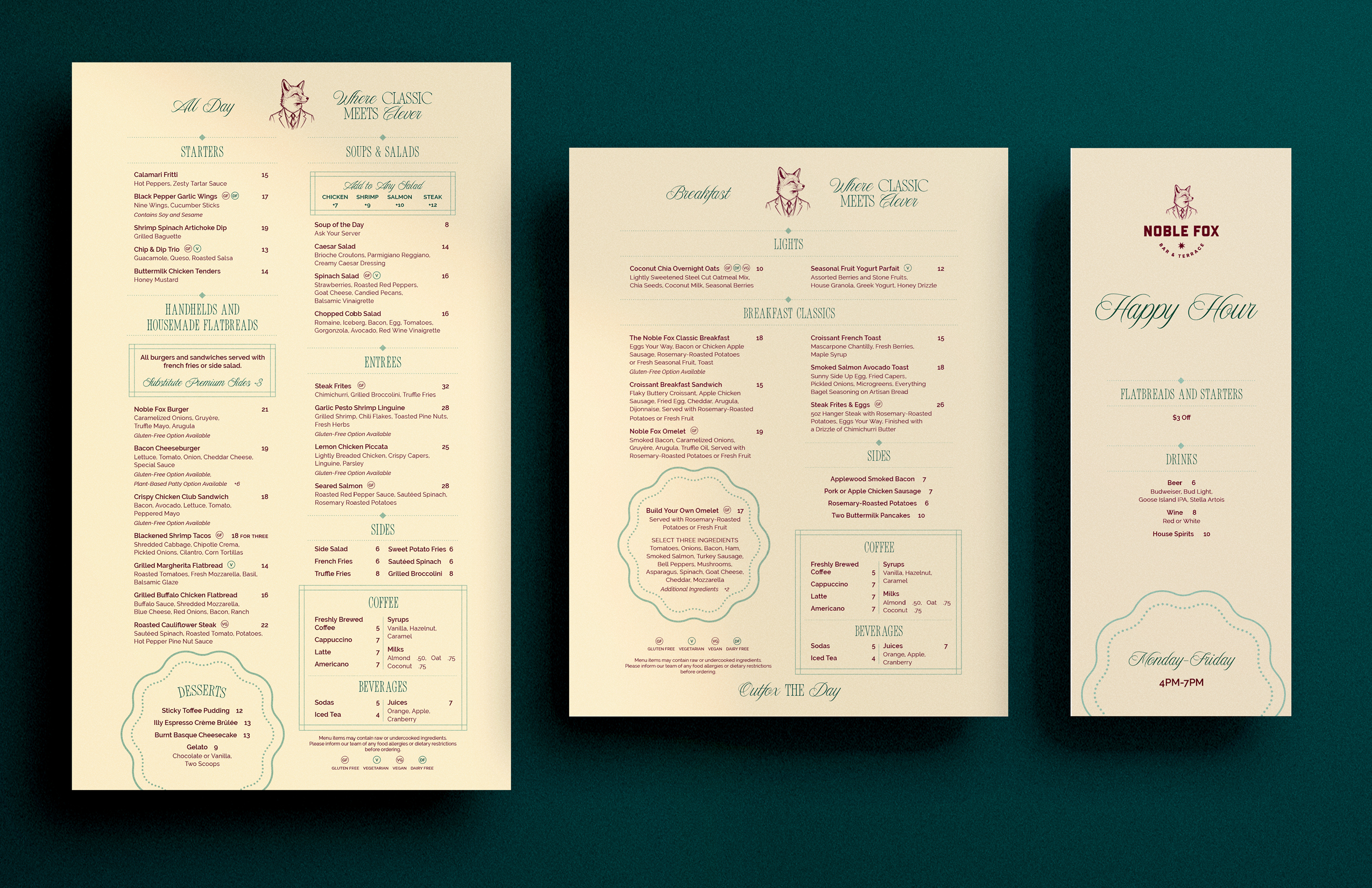Three cream-colored restaurant menus with teal and burgundy text on a dark green background, listing all day meals, breakfast items, happy hour offerings, sides, and drinks.