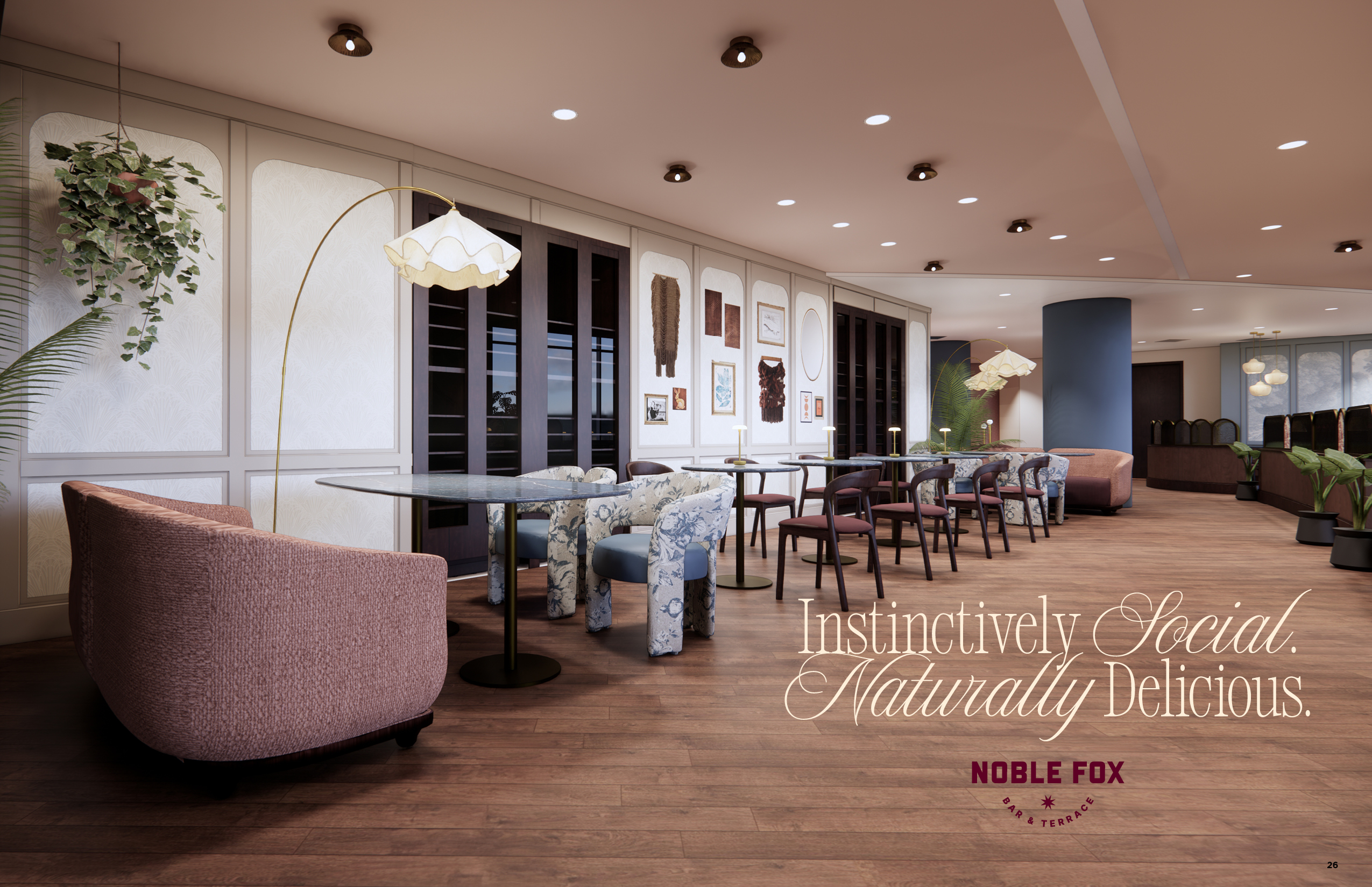 Modern cafe with round tables, mixed upholstered chairs, wooden floor, wall art, and large lamps. Text in corner reads: "Instinctively Social. Naturally Delicious. NOBLE FOX.