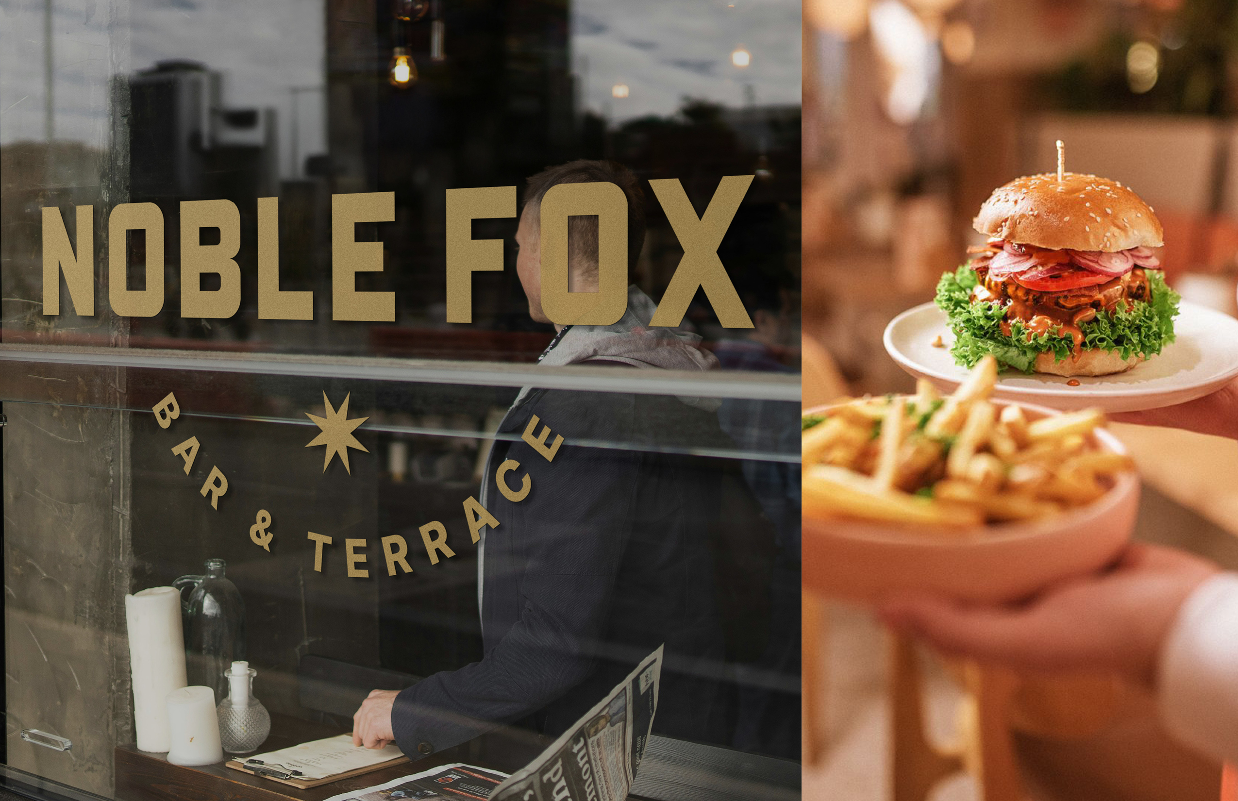 A person sits inside Noble Fox Bar & Terrace, seen through the window; another hand holds a plate with a loaded burger and fries.